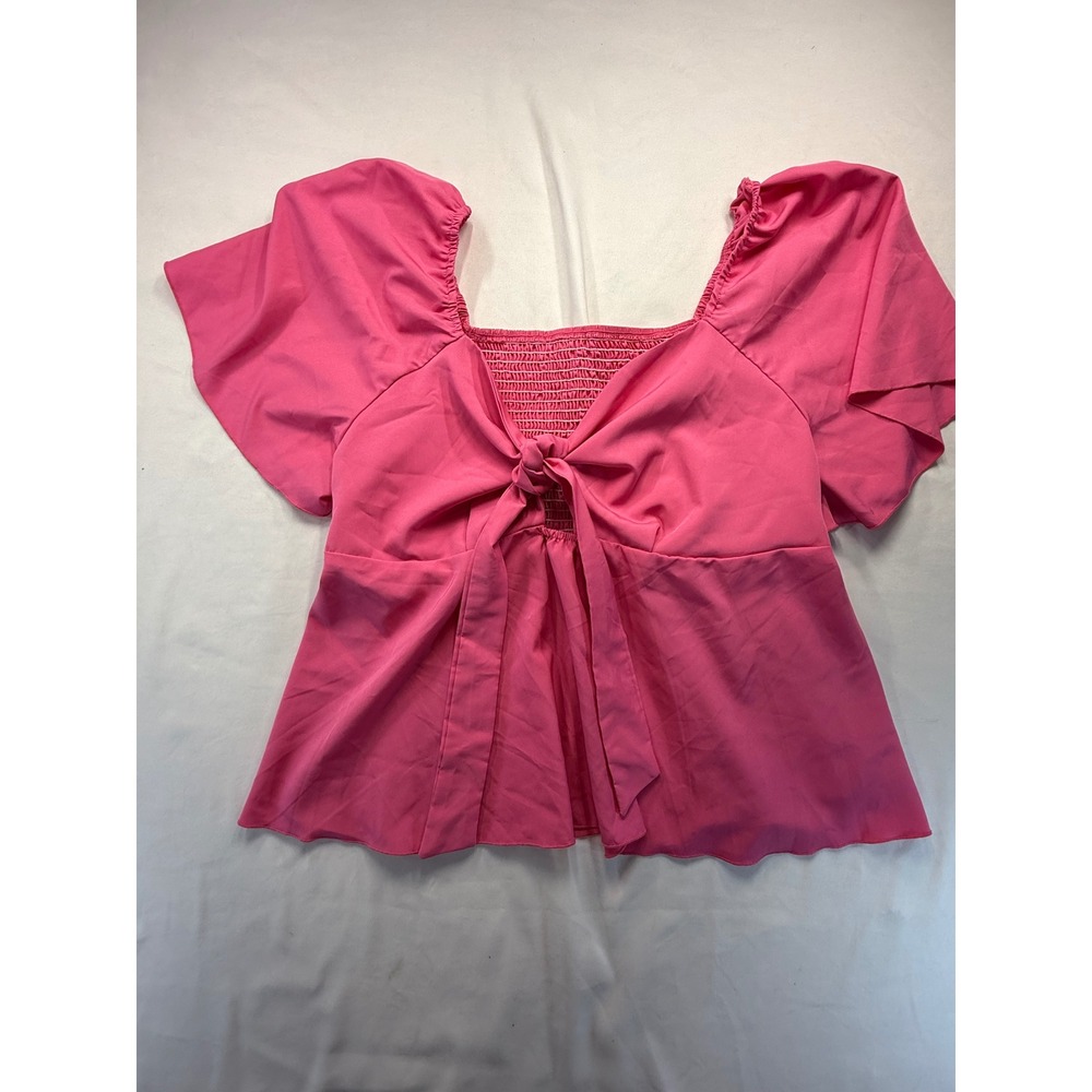 SHEIN Curve Women 3XL Pink Tie Front Flutter Sleeve Smocked Back Blouse Top